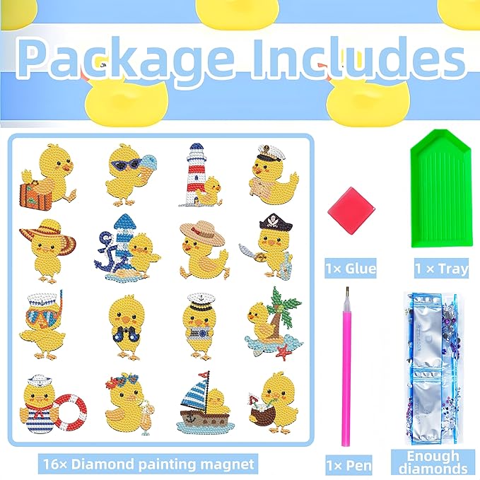 16 Pcs Duck Diamond Painting Magnets Kits,Diamond Art Fridge Magnet Refrigerator Sticker Diamond Painting kit for Beginners Adults DIY Art Craft Gifts Home Decors (Duck)