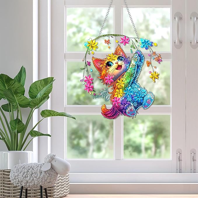SKRYUIE Cat Hanging Diamond Art Kits for Adults Pendant Suncatcher, Special Shaped Crystal DIY Pearl Diamond Painting Kit, Gift for Mother Spring Summer Window Wreath Decor 7.72 x 7.37 Inch A23