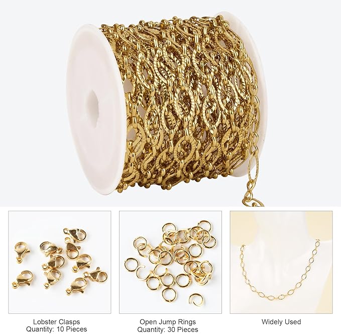 Kyutong 5 Meters Embossed Necklace Chains for Jewelry Making Gold Plated Stainless Steel Chain Roll on Spool Oval Links Jewelry Findings for Handcraft DIY