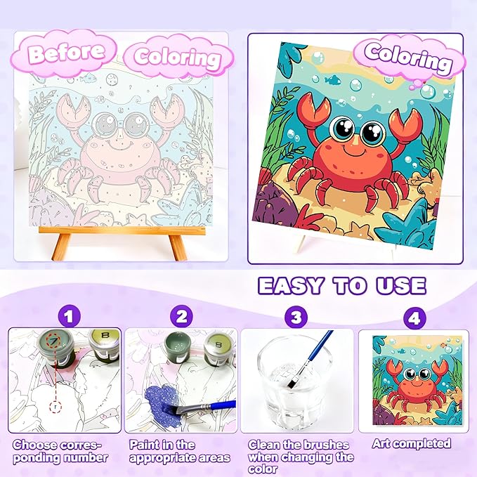 Gemozaic Paint by Numbers Kit for Kids with Frame and Easel, Cute Crab Kids Paint by Number on Canvas for Age 4-8, 8x8 Inch