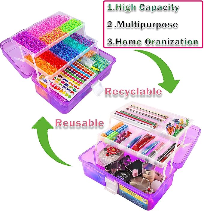 15000+ Rubber Loom Bands, Mega Rubber Bands Bracelet Kit,Loom Bracelet Making Kit with 3 Layer Container,30 Colors,380 Beads,30 Charms,Clips, Hooks Tools for DIY Art Holiday Gift