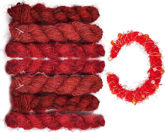 65.62 Yards Sari Silk Ribbon Yarn, Red Sari Ribbon Yarn Tassels Skeins Vintage Fabrics Crafts for Knitting Crocheting Macrame Tassels Scrapbook Craft Project Decor