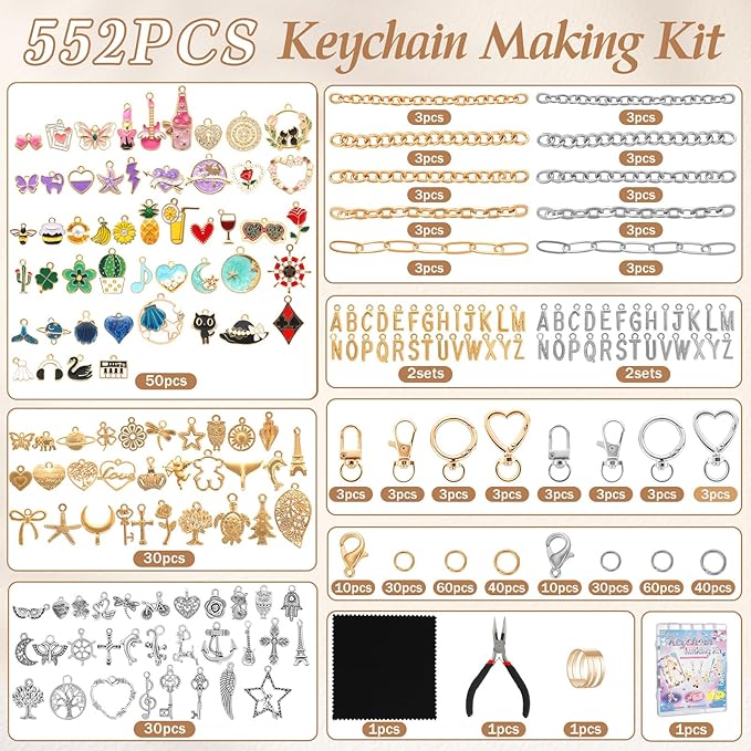 Zefy 552Pcs Charms Lip Gloss Keychain Making Kit, Gold Silver Bag Charm Kit, Including 214 Charms 24 Key Chain Clips with Organizer Box, DIY Craft Supplies for Jewelry Making and Gifts