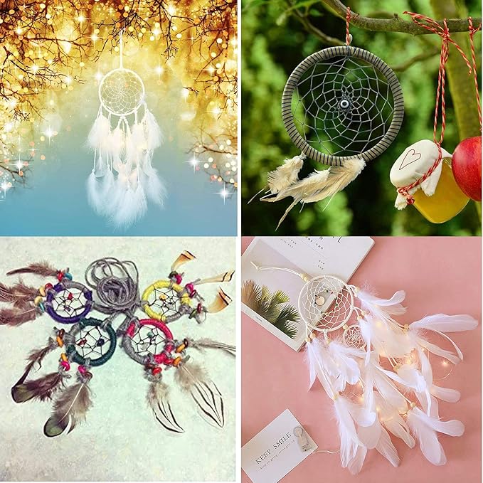 Gywantt DIY Dream Catcher Kit - 5 Gold Metal Hoops, 50 Feathers, 10 Pcs Faux Suede Cord, 60 Wood Beads