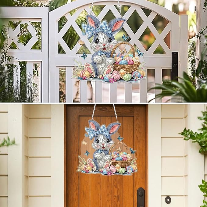 MXJSUA Easter Bunny Diamond Art Hanging Kits for Adults Beginners, Crystal Diamond Suncatchers, Special Shape Diamond Painting Pendant Window Ornament Gifts for Home Garden Door Wall Decor