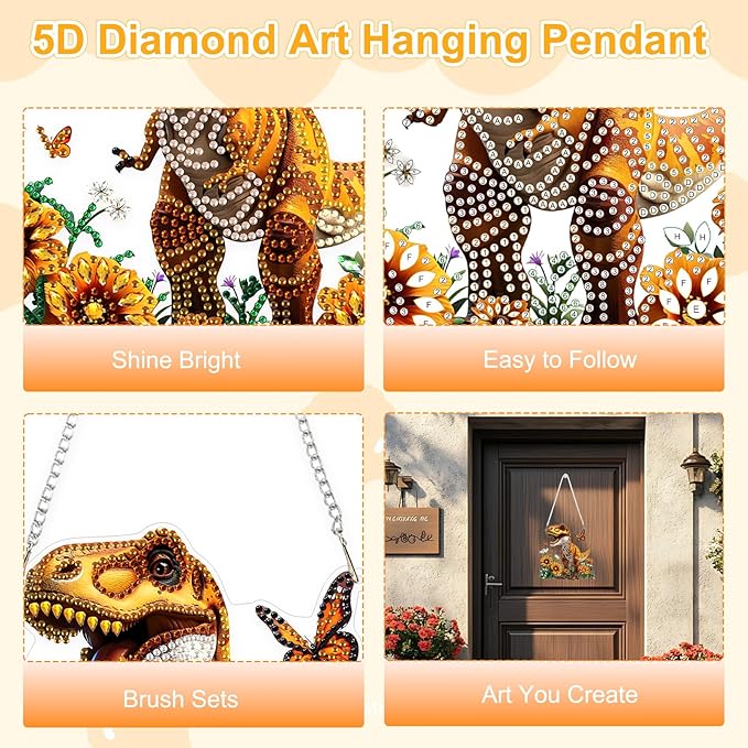 TOSTOG Mighty Dinosaur Diamond Art Pendant Kit for Adult, Yellow Diamond Painting Hanging Kit for Beginners, 5D DIY Crafts Gem Art, Waterproof Full Accessories for Home Decor Idea 20 * 20 cm/8 * 8 in