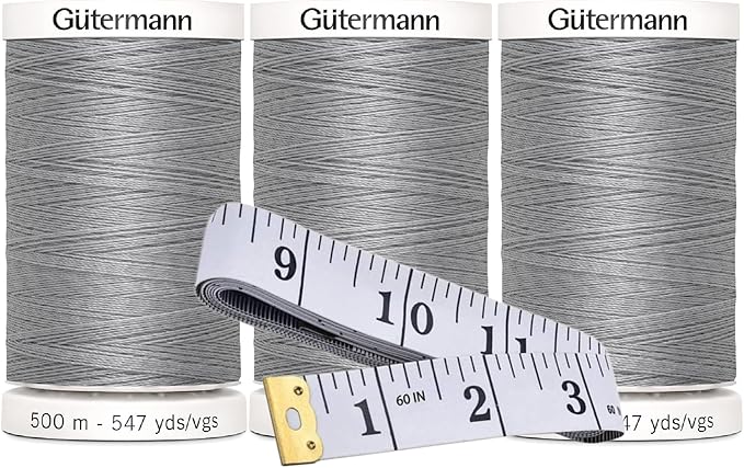 Gutermann Sew-All Thread (500m/547yd Each), 3-Pack Bundle with Bella's Crafts Soft Tape Measure (Mist Grey - 102)