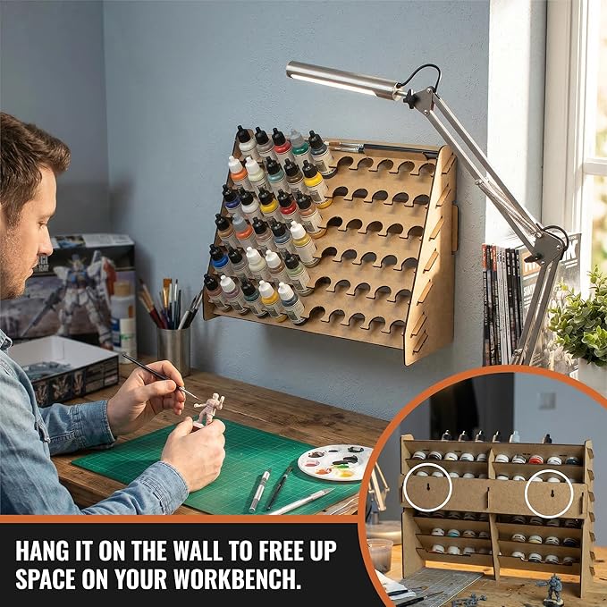 Wall Paint Rack Organizer for Miniatures & Modeling, Vertical Paint Stand with 26mm Dropper Holes + Top Brush/Tool Holder, Compatible with Vallejo, Army Painter, AK (26mm)