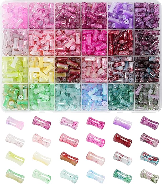 REVKI 6 * 12mm Glass Beads Bracelet Making Kit for Kids,600pcs 24 Colors Natural Bamboo Crystal Beads for Jewelry Making,Glass Beads for DIY Necklace Crafts