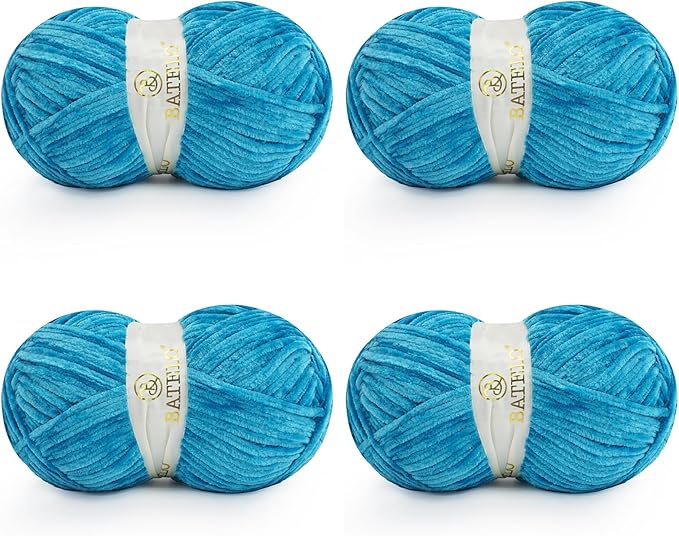 Velvet Chenille Yarn for Crocheting & Knitting 1440 Yards, Soft Thick Fluffy Bulky Blanket Yarn, 4 Pack of 10.5oz (Peacock Blue)