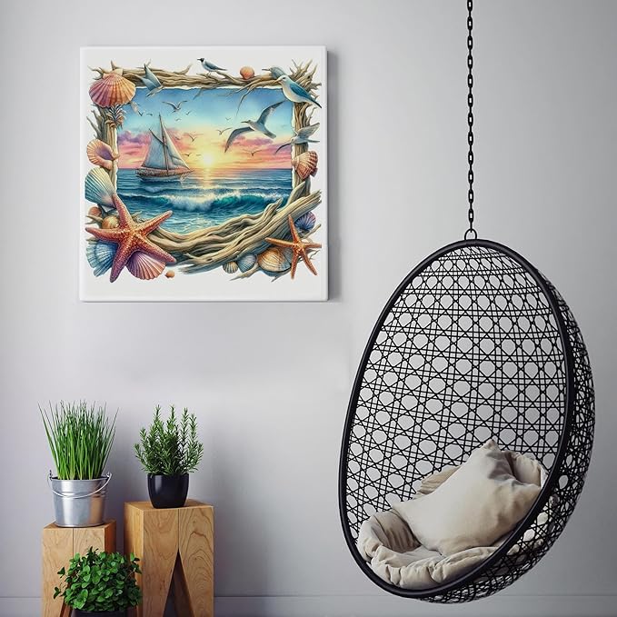 CZYWJMEI 5D Ocean Landscaping Diamond Painting Kits for Adults Beginners,DIY Beach Window Landscaping Diamond Art,Full Round Drill Diamond Dot Gem Art Kits,Home Wall Decor 12x12 Inch