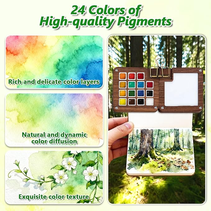 Esoes Mini Paint Palette Watercolor Kit, Travel Water Color Paint Set, Small Portable Pocket Mini Watercolor Set with Colors, Bind Clips, Brush, Sketchbook for Painters Beginners