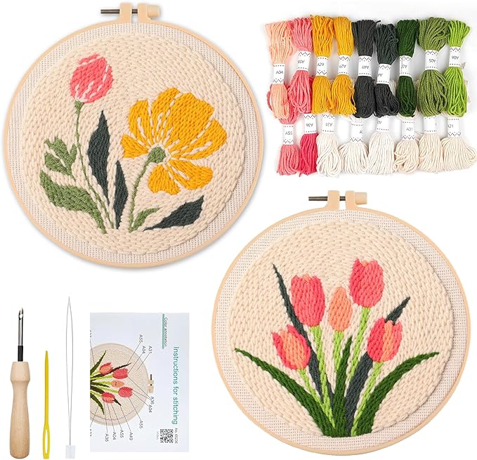 BATHRINS 2PCS Embroidery Punch Needle Kit Beginners Cross Stitch Kits Creative Easy Floral Pattern Hand Crafts with Hoop,Needle,Threads Mothers Day Gifts Crafts & Home Decor