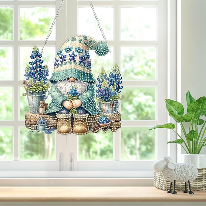 Bowetile Gnome Diamond Art Hanging Kits for Adults, 5D Special Shape Diamond Painting Flowers Pendant Kits, Gem Art Suncatchers Painting Window Ornament for Home Garden Wall Decor