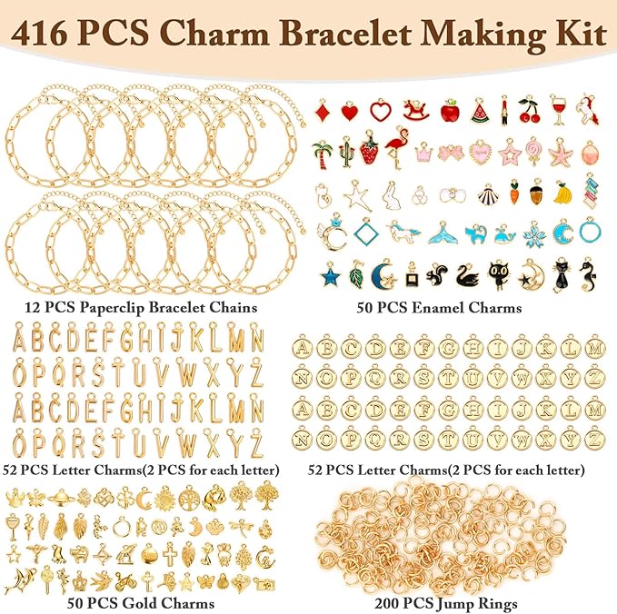 Flasoo 416 Pieces Gold Charm Bracelet Making Kit, Including Paperclip Chain Bracelets, Charms, Jump Rings for Jewelry Making