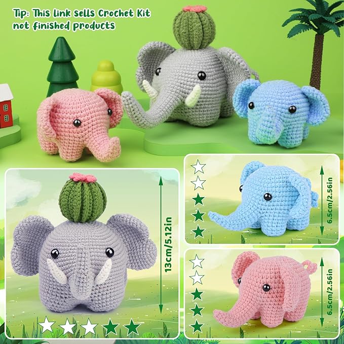 WONVOC Crochet Starter Kit, Beginner Crochet Kit for Adults, Step-by-Step Instructions, Video Tutorial, Knitting Supplies, for Creating Cute Elephant Family