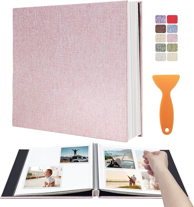 Photo Album Scrapbook – Holds 4x6, 5x7 & 8x10 Pictures – Self-Adhesive Pages for Baby, Wedding, Travel & Family Memories | Includes Metallic Pen & Scraper/Light Pink Large DIY Memory Book for Gifts