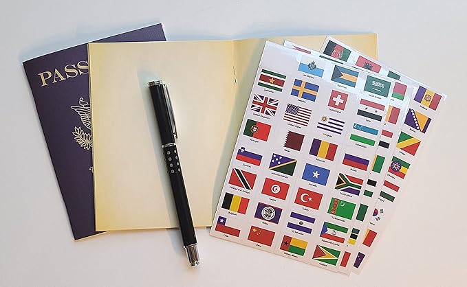 SJPRINTER Passport - Little passports Travelers notebook - Set with travel stickers world flags - Pretend play, party favors, airplane toy, journal notebooks, geography, classroom social study