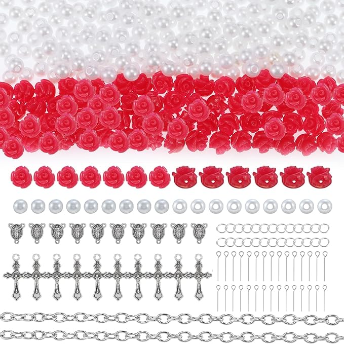 OEMOO 1410PCS Rosary Jewelry Making Kit Rosary Prayer Making Supplies Carved Rose Beads Cross Centerpiece Crucifix Medal Kit First Communion Necklace Set for Rosary Necklace Jewelry Making (White)