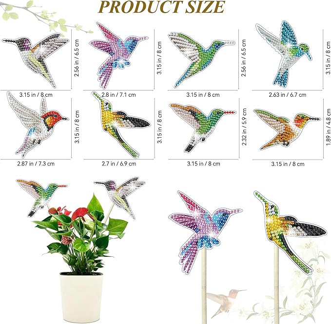 Vcekract 8 Pcs Hummingbird Diamond Painting Kits, Diamond Art Kits for Garden Decor, Garden Stakes Diamond Art Kits for Adults, Diamond Painting Small, Diamond Painting Ornaments for Family Decor