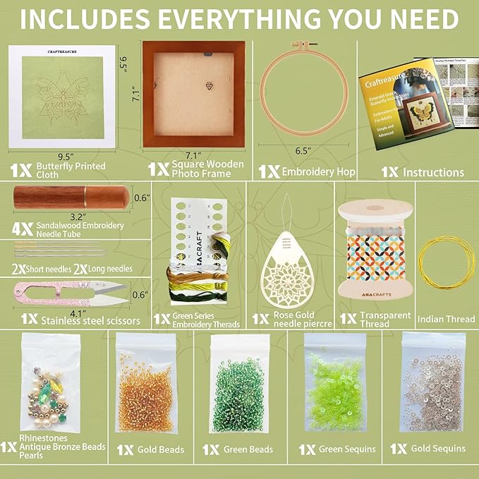 Craftreasure Embroidery Kit for Adults, Butterfly Embroidery Kit for Beginners Include Embroidery Beads Threads for Craft Lover Hand Stitch with Embroidery Skill Technique (Green - Easy)