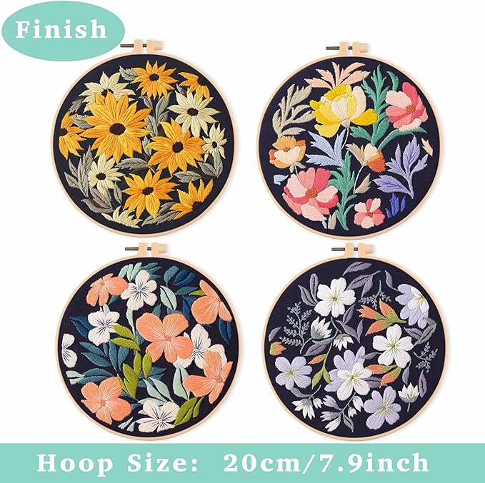 reewisly 4pcs of embroidery starter kit with patterns and instructions, diy beginner adult cross stitch kits, including 2 plastic embroidery rings, 1 scissors, colored threads and needles