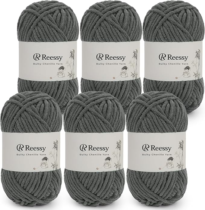 Bulky Chenille Yarn for Crocheting – 6 Pack of 50g/1.76oz Skeins, Pure Polyester, CYC #5 Bulky Weight – Ultra Soft Chenille Yarn Pack for Crafting Plush Toys, Blankets, Scarves(Charcoal Gray)