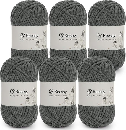 Bulky Chenille Yarn for Crocheting – 6 Pack of 50g/1.76oz Skeins, Pure Polyester, CYC #5 Bulky Weight – Ultra Soft Chenille Yarn Pack for Crafting Plush Toys, Blankets, Scarves(Charcoal Gray)