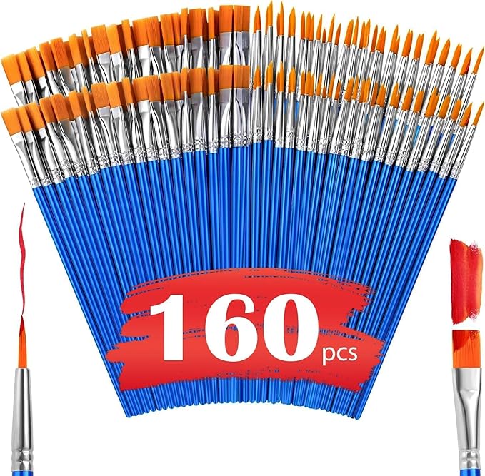 AROIC Small Paint Brushes Bulk,160 Pcs Nylon Hair Paint Brushes for Kids with Flat and Round Pointed Acrylic Paint Brush Sets,Acrylic Paint Brush for Classroom Oil Watercolor Face Painting Kits.