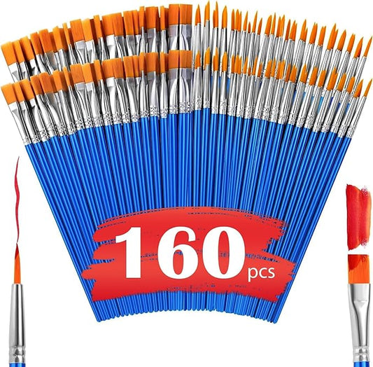 AROIC Small Paint Brushes Bulk,160 Pcs Nylon Hair Paint Brushes for Kids with Flat and Round Pointed Acrylic Paint Brush Sets,Acrylic Paint Brush for Classroom Oil Watercolor Face Painting Kits.