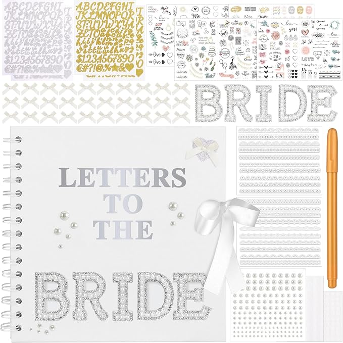 Draupnir 8 x 8 Inch Letters To The Bride Scrapbook Wedding Memory Book with Pearl Lace Wedding Metallic Letters Stickers Bows Pen Bridal DIY Blank Paper Scrapbook Photo Album Guest Book Sign