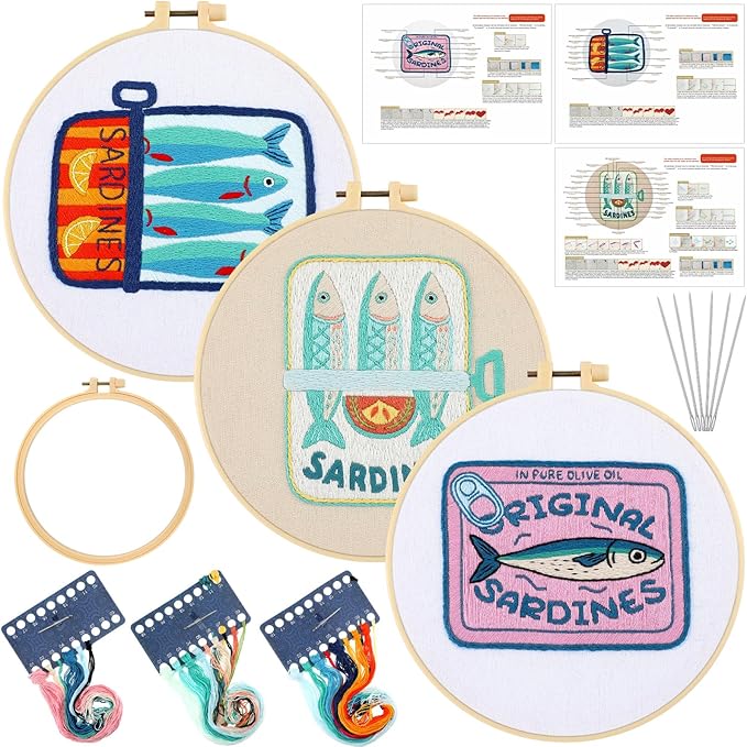 Mindsoft 3 Sets Sardine Embroidery Kit with Embroidery Hoop Easy Pattern Needlepoint Kit for Beginners and Adults Hand Crafts Needlepoint Set with Needles Thread and Instruction