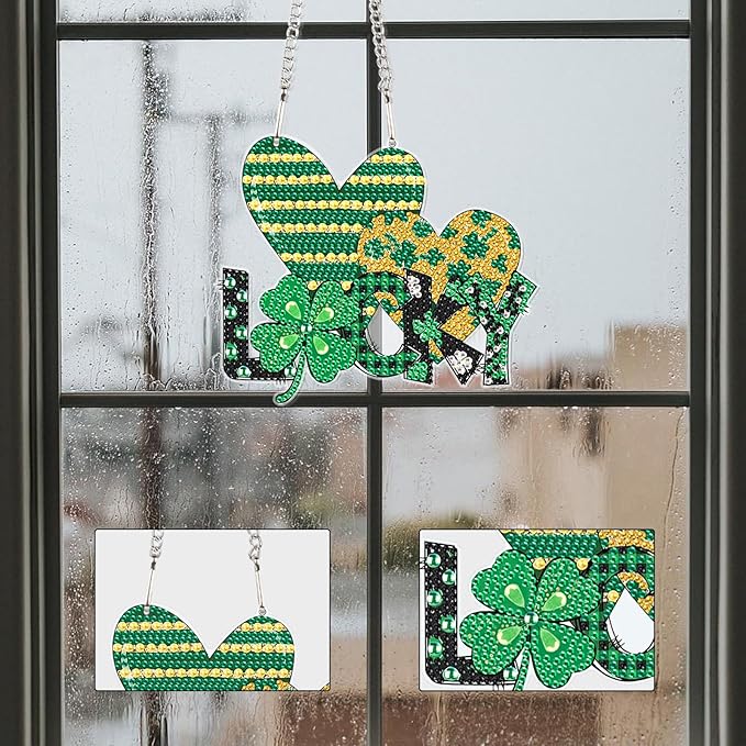 DIY Diamond Painting Hanging Ornament – St. Patrick’s Day Lucky Sign with Shamrock and Hearts, 5D Green Rhinestone Craft for Wall Door Festival Decor