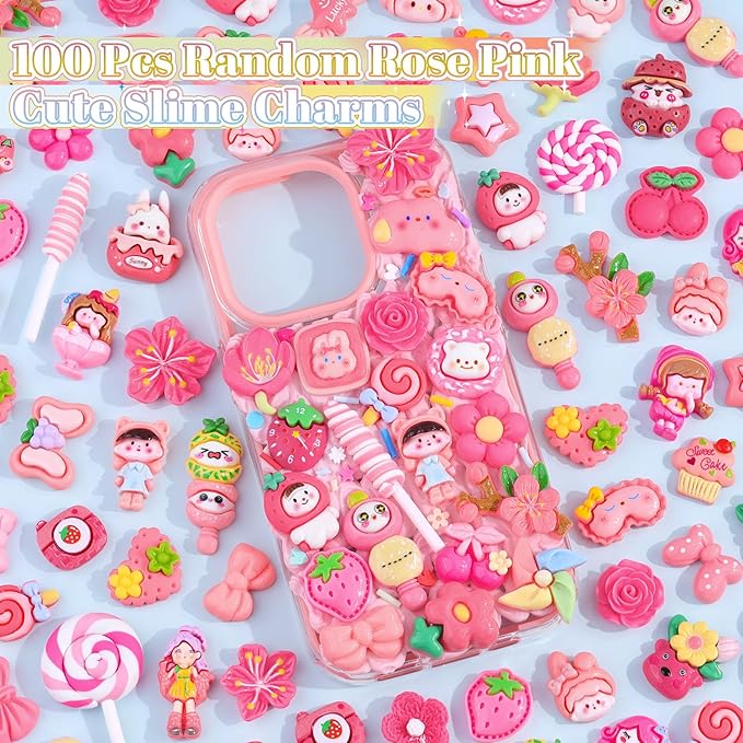 100PCS Rose Pink Slime Charms Cute Flatback Resin Charms for Slime, Random Kawaii Decoden Charm for Embellishments Phone Junk Case Charms Bulk, Hairpins Scrapbooking Crafting & DIY Decor