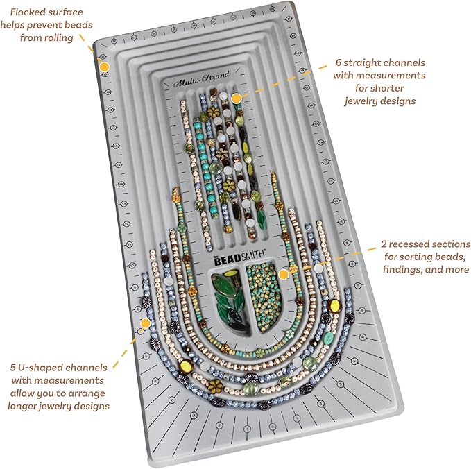 The Beadsmith Bead Board, Grey Flocked, 5 U-Shape and 6 Straight Channels, 10 x 20.5 inches, Design Boards for Creating Bracelets, Necklaces and Other Jewelry