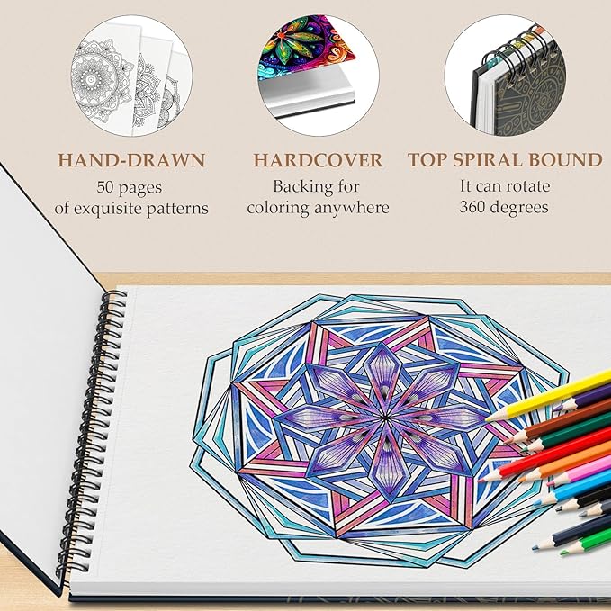 Mandala Coloring Book for Adults Women Relaxation, Adult Coloring Book for Women Relaxation with 50 Patterns, Hardback Covers Thick Paper Spiral Bound Hand-Drawn Design Gift for Stress Relief