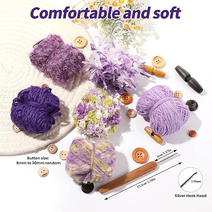 Hand Spun Art Yarn Kit - 6 Skeins 525 -Yard Vintage Style Blended Fibers with Wood Buttons & Crochet Hook for Knitting, Crochet, Textile Decorative, Tassels, Jewelry Making, Fiber Crafts (Violet)