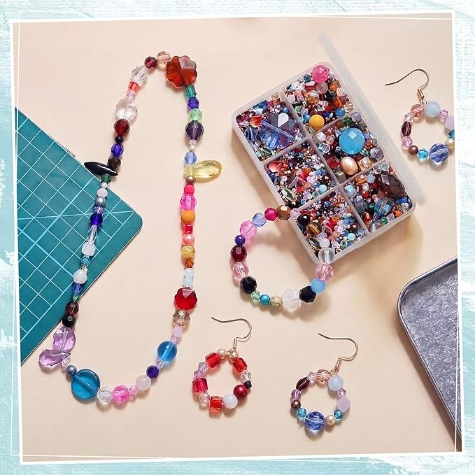 Sureio 1300 Pcs Assorted Glass Beads for Jewelry Making, About 0. 9 Pounds Multicolor Crystal Stone Beads Bulk, 5-13mm DIY Lamp Arts and Craft Decorative Hobby Artistry Making Supply (Assorted)
