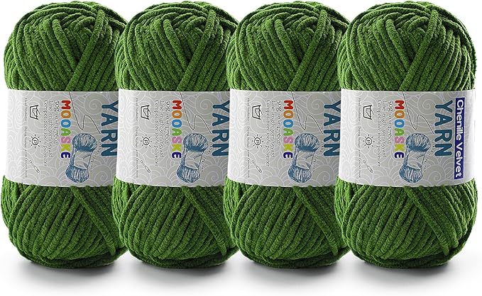 4 Pac Chenille Yarn for Crocheting - Army Green, 50g/1.76oz, 60m/65yard, Polyester