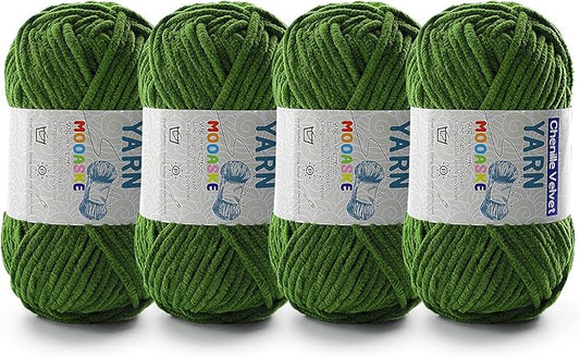 4 Pac Chenille Yarn for Crocheting - Army Green, 50g/1.76oz, 60m/65yard, Polyester