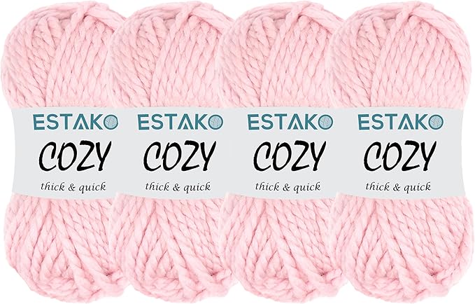 Estako Cozy Thick & Quick Yarn (4 Skeins Pack) 20% Wool 80% Acrylic Soft Super Bulky Weight #6 Knitting and Crocheting Yarn (4 x 3.52 Oz) / (4 x 65 Yrds) (53029-Baby Pink)