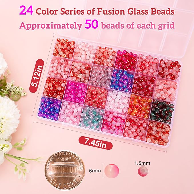 XSEINO About 1200+ pcs 6mm Glass Beads Bracelet Making Kit, 24 Assorted Red Bi-Color Fusion Series Crystal Beads for Jewelry Making, DIY Crafts, Friendship Bracelets