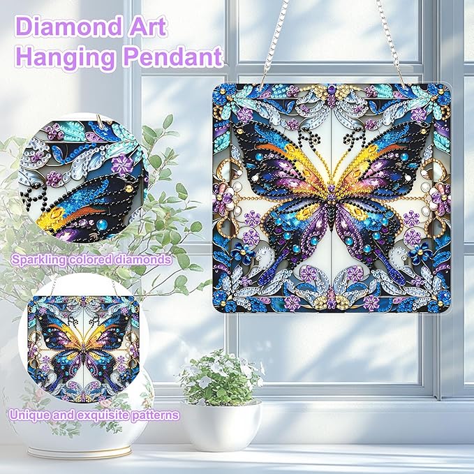 TOSTOG Diamond Art Hanging Kits for Adults, 5D Diamond Painting for Adults Square Window Pendant, Special Shape Diamonds DIY Butterfly Diamond Painting Hanging Pendant Kit for Wall Decor Gift