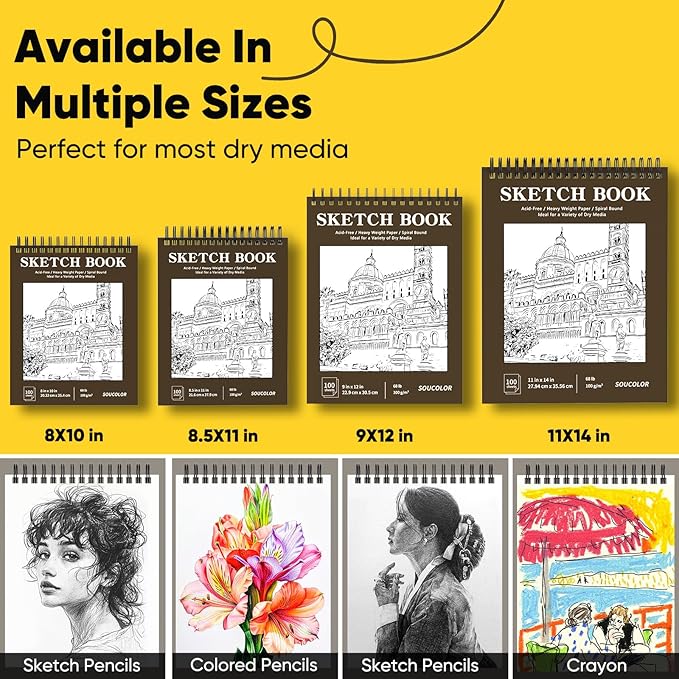 soucolor 8" x 10" sketch book, 100 sheets 8 x 10 sketchbook, 68 lb/100gsm 8" x 10" drawing paper, spiral bound sketch pad, art paper for drawing painting, art supplies gifts