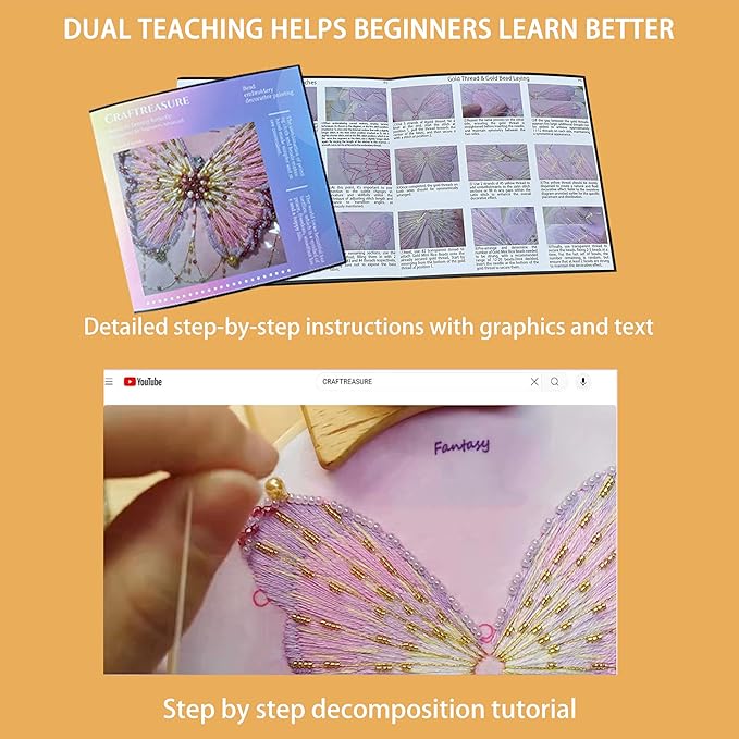 Craftreasure Embroidery Kit for Adults, Butterfly Needle Point Kits Adults Beginner Include Embroidery Beads Threads for Craft Lover Hand Stitch with Embroidery Skill Technique (Purple-Intermediate)