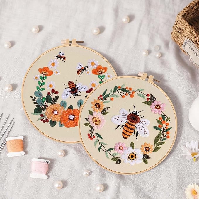 Fakindiy 4 Sets Embroidery Kit for Beginners, Bee Cross Stitch Set for Complete Starter Kit with Hoop, Threads, Needles & Tools,Hand Craft Gift for Lovers (ColorB-bee Pattern)