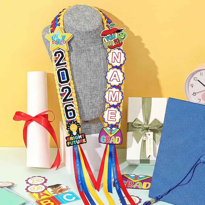 Juexica Kindergarten Graduation Ribbon Leis Class of 2026 Braided Necklace Making Kit with Alphabetic Decorative Cards Preschool Kids Grad Graduation Party Gifts(Red, Yellow, Blue)