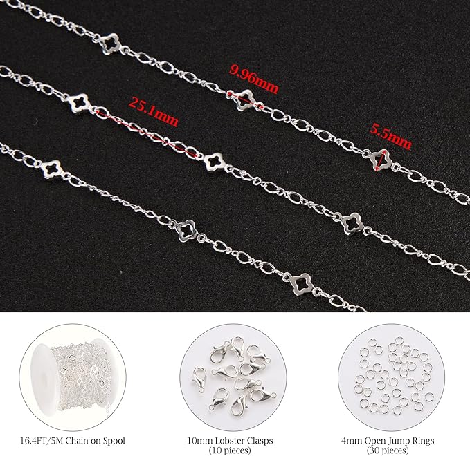 KYUNHOO 16.4 FT/5M Four Leaf Clover Chains for Crafts Silver Jewelry Making Chain Roll on Bulk with Clasps for Women DIY Supply Jewelry Findings