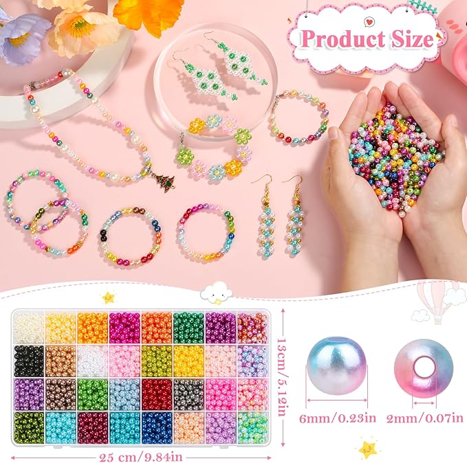 Pearl Beads for Jewelry Making, 32 Colors Round Pearls with Holes, 2000 Pcs 6MM Handcrafted Colorful Loose Spacer Beads for DIY Craft Bracelet Necklace Earrings