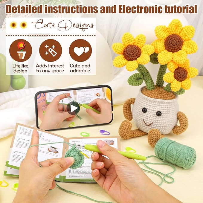 Nitlak Crochet Kit for Beginners, Sunflower Potted Beginner Crochet Kit for Adults Kids Women Men, Crochet Starters Kit with Step-by-Step Video Tutorials, Complete Crochet Accessories for DIY Craft